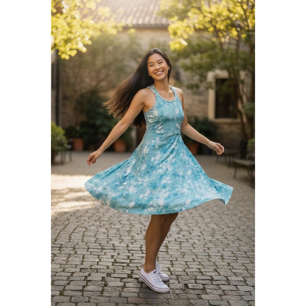 Title Nine Women's Teal Leaf Print Racerback Swing Dress‎ Size L